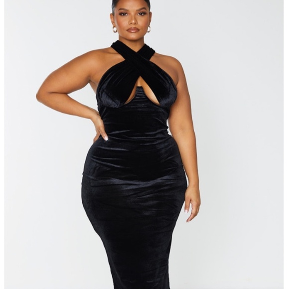 Plus Black Velvet Underwired Cross Front Midi Dress - Picture 1 of 3